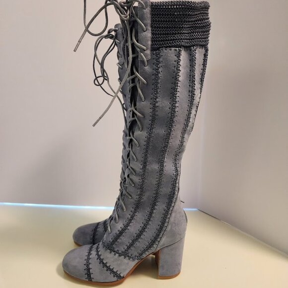 Free People x Silent D Lace-Up Suede Blue Grey Heeled Boots - Picture 6 of 9